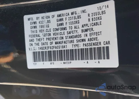 2015 Honda Accord Ex-L z USA, uszkodzony, nr VIN 1HGCR2F82FA051841
